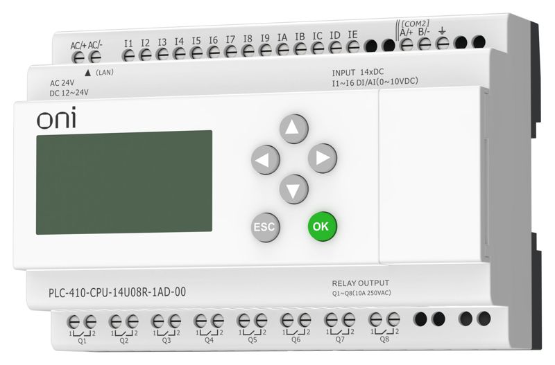 Модуль ЦПУ ПЛК 410 8 DI 6 UI (0-10В/DI) 8 RO 12В-24В DC или 24В AC с Ethernet портом с экраном ONI PLC-410-CPU-14U08R-1AD-00
