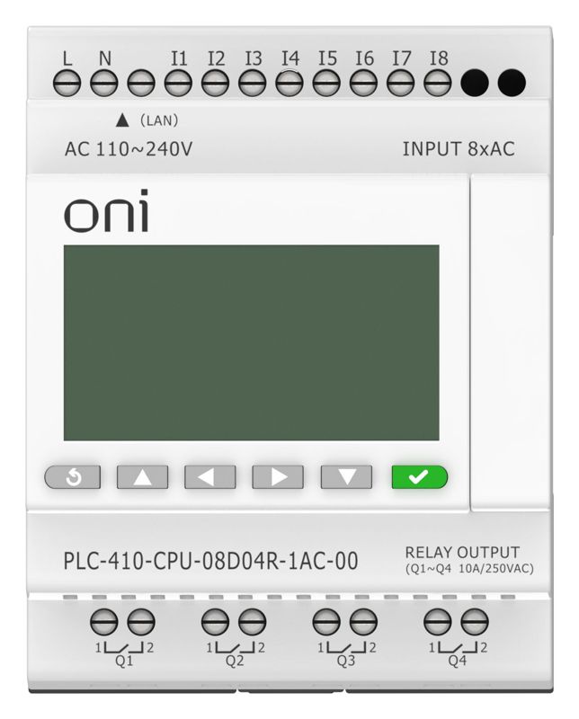 Модуль ЦПУ ПЛК 410 8 DI 4 RO 220В AC с Ethernet портом с экраном ONI PLC-410-CPU-08D04R-1AC-00
