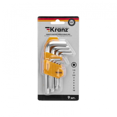 Набор ключей имбусовых HEX 1.5-10мм CrV 9шт Kranz KR-12-5215
